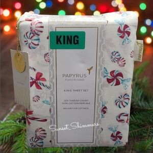 PAPYRUS Christmas Candy Cane King Sheet Set 100% Cotton 200 Thread Percale NEW